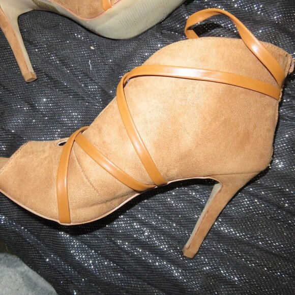 BOGO Tan Microsuede Faux Leather wrapped booties heels stilettos size 7.5 - Picture 8 of 15